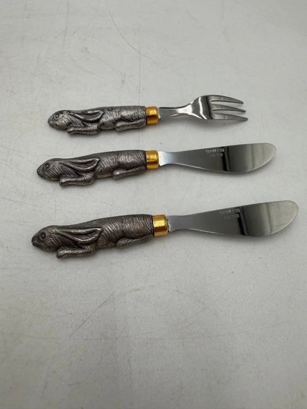 Vintage Rabbit Handle Stainless Steel 3 Piece Flatware Set Butter Cheese Knives